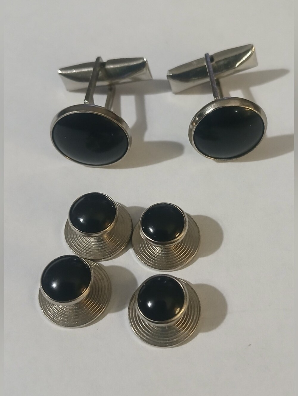 PIONEER Black Onyx and Silver Round Cufflinks & Shirt Studs Set